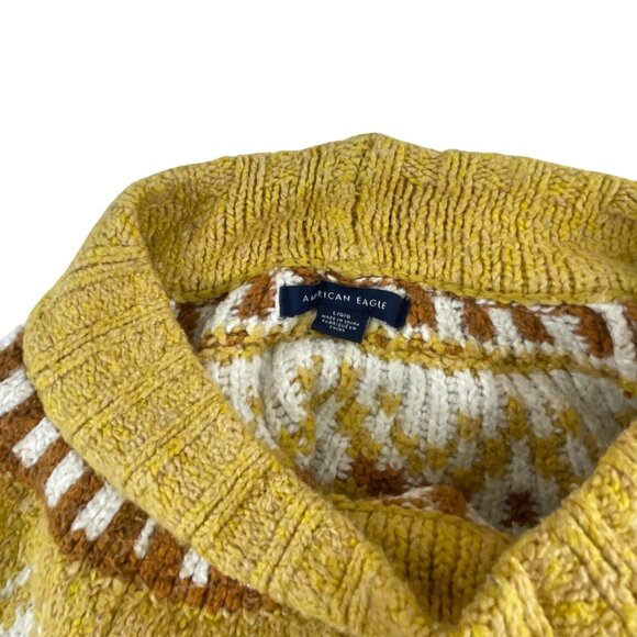 American Eagle Nordic Pattern Knit Mock Neck Sweater L Yellow Oversized Classic - Picture 6 of 7